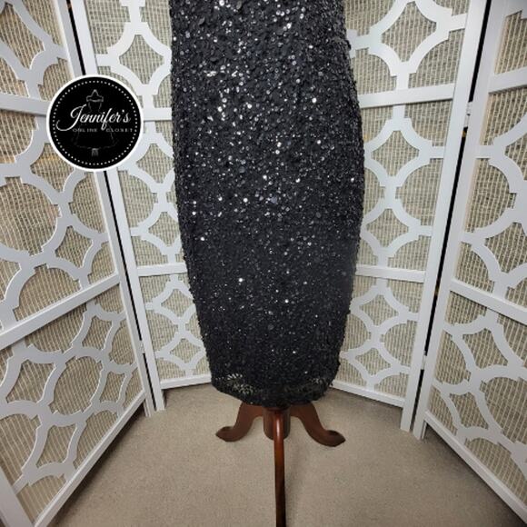 Adrianna Papell Black Sequin Embellished Mesh Neckline Sheath Dress Size 8 - Picture 6 of 12